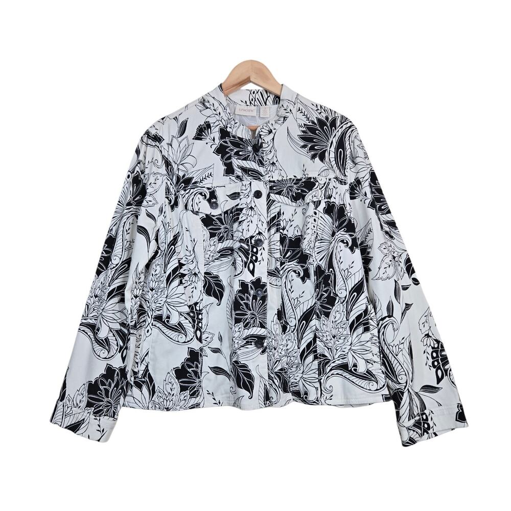 NWT Chico’s Palm Springs Floral Sateen Jacket sz 3 (XL) Black White Resort Chic